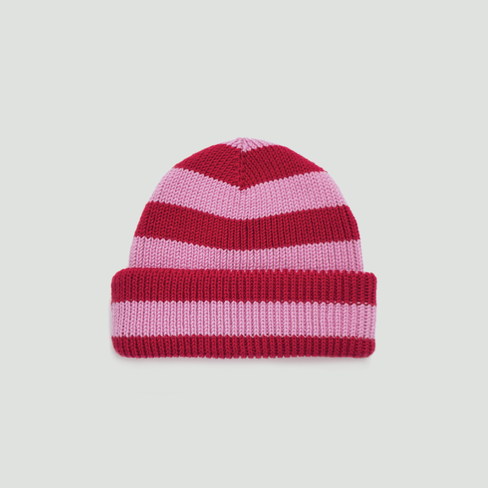 czerwono-różowy Czapki wełniane merino chunky w paski
