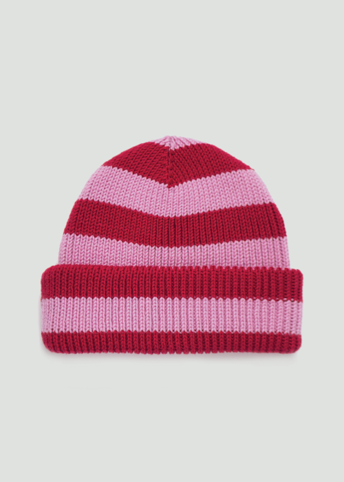 red-pink Czapki wełniane merino chunky w paski
